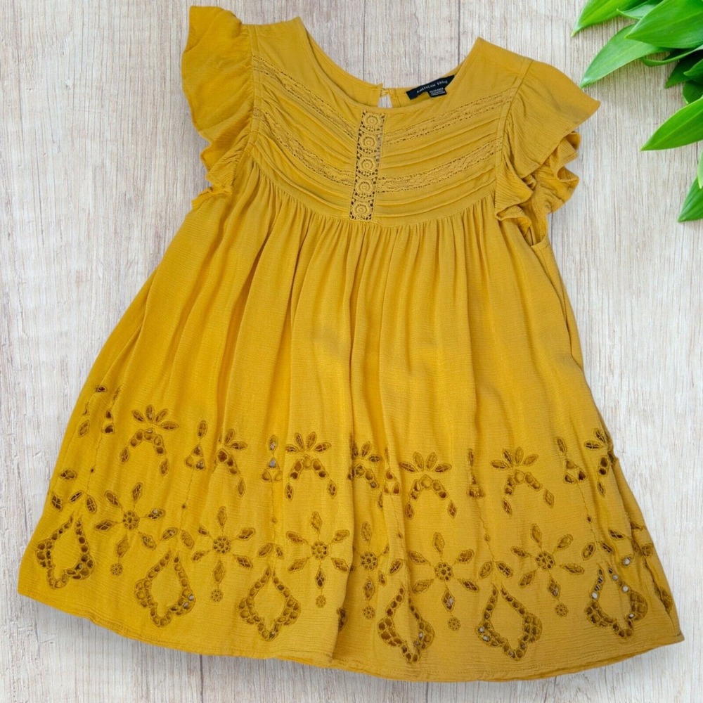 American Eagle Womens Lace Eyelet Accents Flutter Sleeve Top - Size XS - Yellow